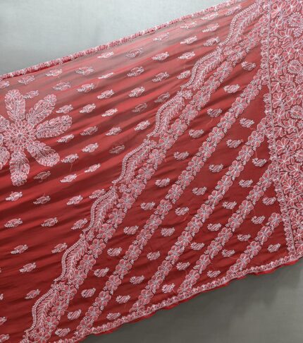 EMBROIDERED LUCKNOWI CHIKANKARI RED SAREE WITH BLAUSE  SCART LINING WORK