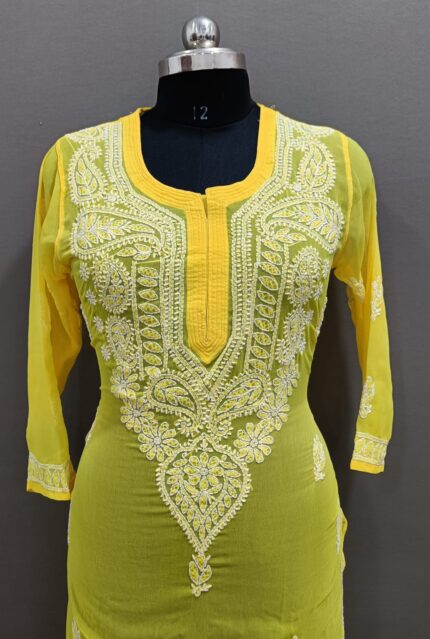 Lucknowi Pure Georgette Chikankari Kurti (Yellow)