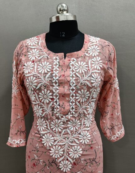 Lucknowi Fabric Printed Georgette Chikankari Kurti (Peach Colour)