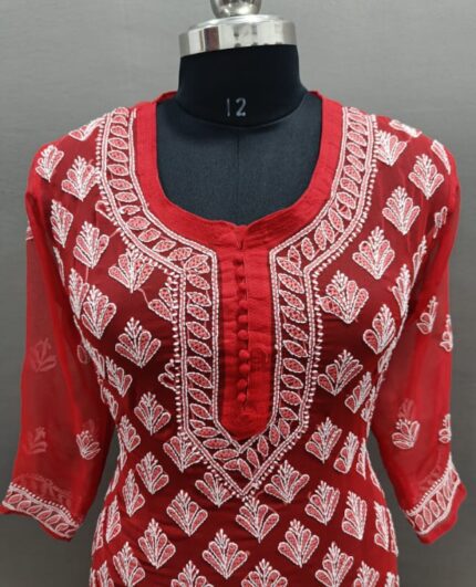 Lucknowi Pure Georgette Chikankari Kurti (Red)